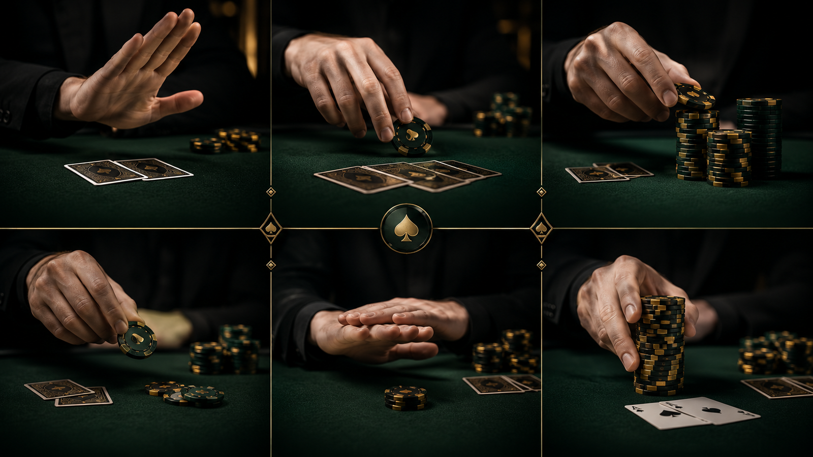 Acciones básicas de poker con fichas y cartas